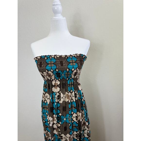 Womens Brown Blue Flowered Smocked Sleeveless Maxi Dress Y2K Small - Picture 2 of 8